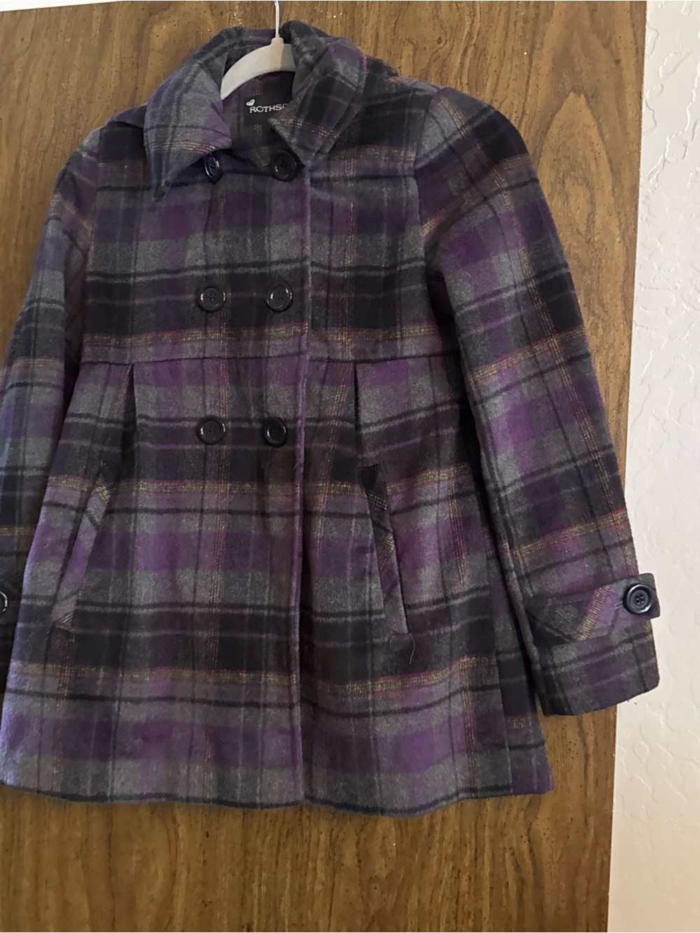 Rothschild Purple and Gray Plaid Double-Breasted Pea Coat